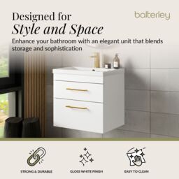Balterley Bathroom Wall Hung Vanity Basin Unit White Brushed Brass Handles 600mm - thumbnail 2