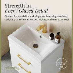 Balterley Bathroom Wall Hung Vanity Basin Unit White Brushed Brass Handles 600mm - thumbnail 7