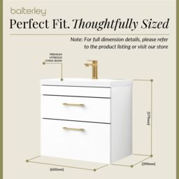 Balterley Bathroom Wall Hung Vanity Basin Unit White Brushed Brass Handles 600mm - thumbnail 5