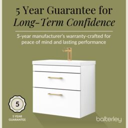 Balterley Bathroom Wall Hung Vanity Basin Unit White Brushed Brass Handles 600mm - thumbnail 6