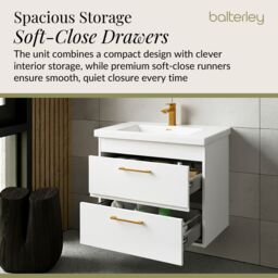 Balterley Bathroom Wall Hung Vanity Basin Unit White Brushed Brass Handles 600mm - thumbnail 4