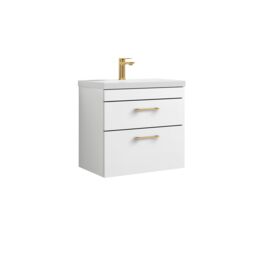 Balterley Bathroom Wall Hung Vanity Basin Unit White Brushed Brass Handles 600mm