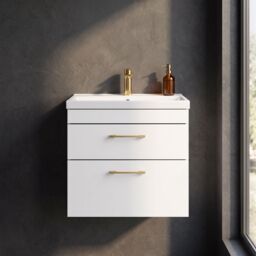 Balterley Bathroom Wall Hung Vanity Basin Unit White Brushed Brass Handles 600mm - thumbnail 9