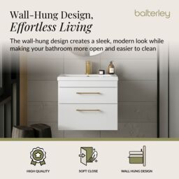 Balterley Bathroom Wall Hung Vanity Basin Unit White Brushed Brass Handles 600mm - thumbnail 3