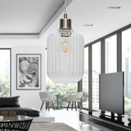 First Choice Lighting Batley - Clear Ribbed Glass with Satin Nickel Pendant Fitting - thumbnail 4