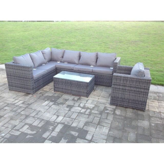 Fimous Pe Rattan Corner Sofa Set Outdoor Garden Furniture Oblong Coffee Table Chair in Dark Grey - image 1
