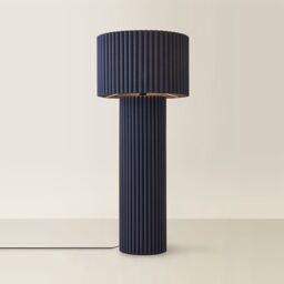 ValueLights Lenny Drum Shade Colour Drench Ribbed Fabric Midi Floor Lamp with Bulb in Navy - thumbnail 6