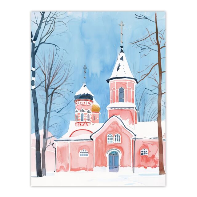"Artery8 Pink Orthodox Church Ukraine Soft Watercolour Wall Art Print in Blue - Size: W24"" x H32""" - image 1