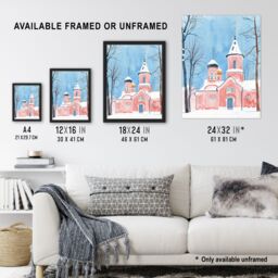 "Artery8 Pink Orthodox Church Ukraine Soft Watercolour Wall Art Print in Blue - Size: W24"" x H32""" - thumbnail 3