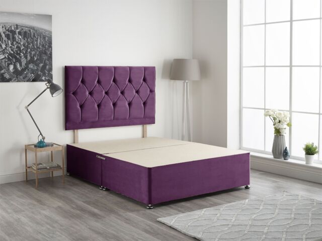 Somnior Ziggy Divan Bed Base with Headboard Plush Velvet in Purple - Size: Single - image 1