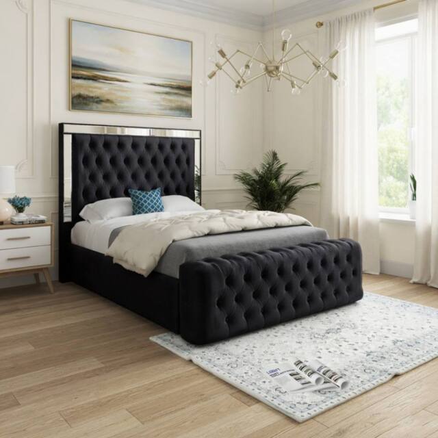 KDMD Reigate Mirror Upholstered Black Soft Velvet Designer Bed Frame - Size: Single - image 1