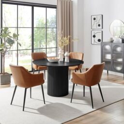 FurnitureboxUK Penrose Black Round Dining Table & 4 Calla Faux Leather Chairs in Tan - thumbnail 1