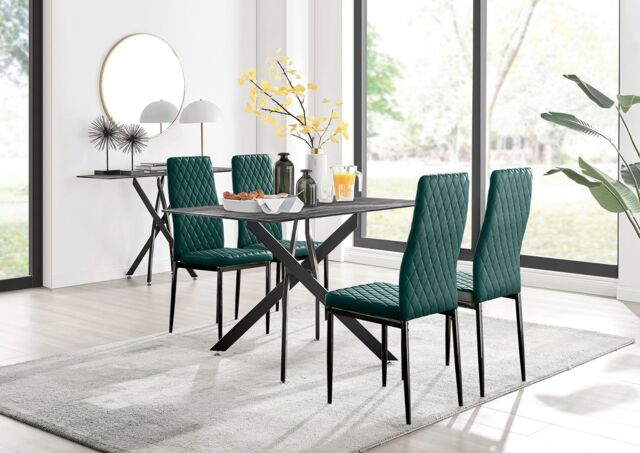 FurnitureboxUK Leonardo Grey Glass Marble Effect Black Leg Table & 4 Velvet Milan Black Leg Chairs in Green - image 1