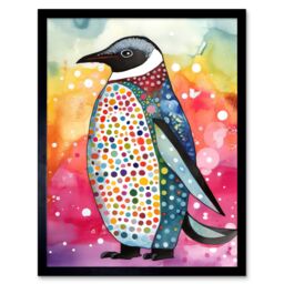 "Artery8 Wall Art Print Cute Multicoloured Spot Penguin Folk Art Framed in Black - Size: W12"" x H16""" - thumbnail 1