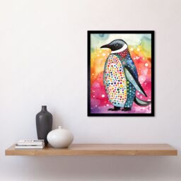 "Artery8 Wall Art Print Cute Multicoloured Spot Penguin Folk Art Framed in Black - Size: W12"" x H16""" - thumbnail 2