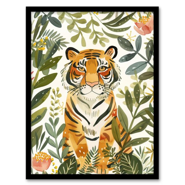 "Artery8 Cute Tiger in Floral Tropical Jungle Watercolour Framed Wall Art in Green - Size: W12"" x H16""" - image 1