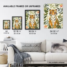 "Artery8 Cute Tiger in Floral Tropical Jungle Watercolour Framed Wall Art in Green - Size: W12"" x H16""" - thumbnail 3