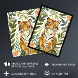 "Artery8 Cute Tiger in Floral Tropical Jungle Watercolour Framed Wall Art in Green - Size: W12"" x H16""" - thumbnail 2
