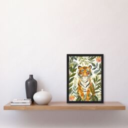 "Artery8 Cute Tiger in Floral Tropical Jungle Watercolour Framed Wall Art in Green - Size: W12"" x H16""" - thumbnail 4