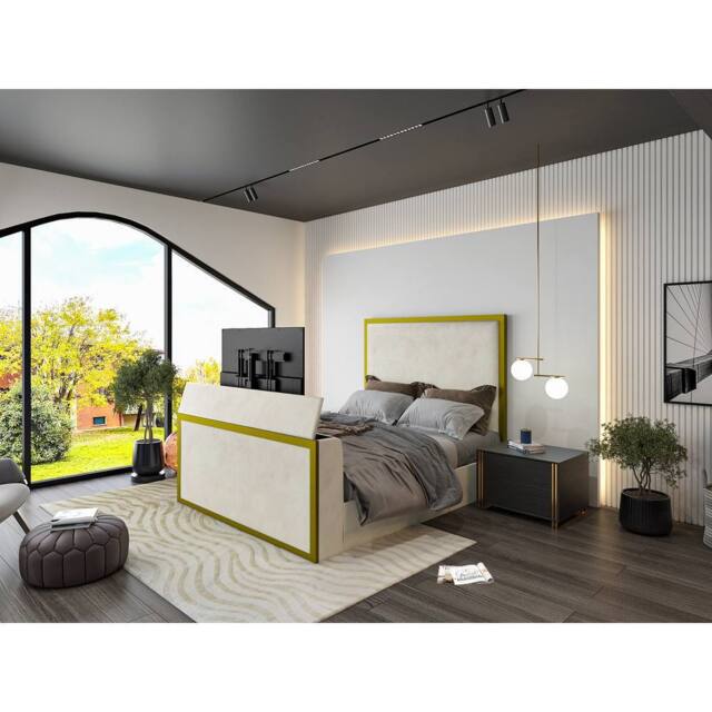 KDMD Madrid Upholstered Electric Media Gold & Cream White TV Bed Frame - Size: King - image 1