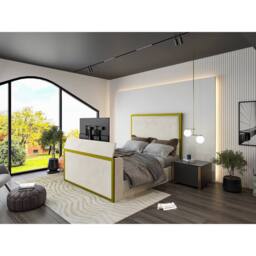 KDMD Madrid Upholstered Electric Media Gold & Cream White TV Bed Frame - Size: King