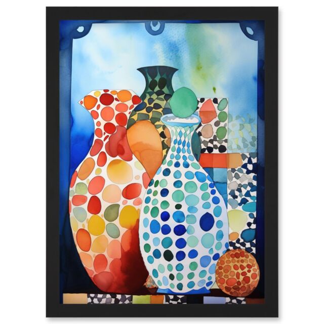 Artery8 Polka Dot Glazed Porcelain Ceramic Vases Folk Art Artwork Framed Wall Art Print A4 in Black - image 1