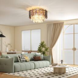 HOMCOM Vintage Ceiling Light with Dual Crystal & Smoke Glass Shade, Gold - Size: 40 cm diameter x 25 cm high