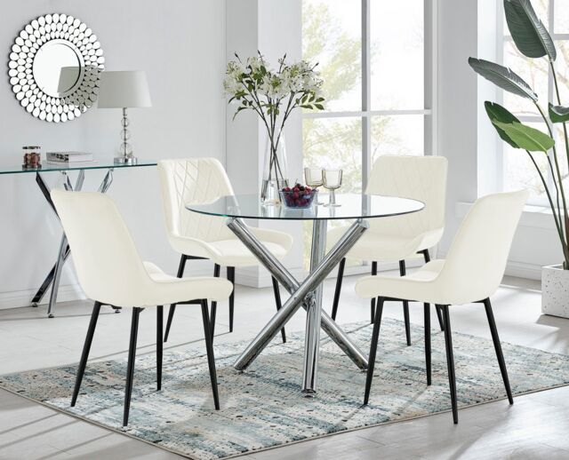 FurnitureboxUK Selina Round Glass Chrome Leg Dining Table & Pesaro Black Leg Chairs in Cream - Size: 2 Person - image 1