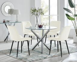FurnitureboxUK Selina Round Glass Chrome Leg Dining Table & Pesaro Black Leg Chairs in Cream - Size: 2 Person - thumbnail 1