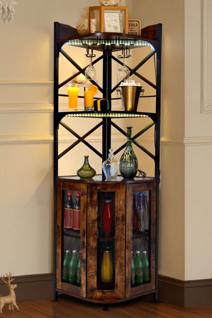 Living and Home 5-Tier Corner Bar Cabinet with Built-in Power Outlet and LED Lights in Dark Brown - image 1