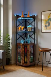 Living and Home 5-Tier Corner Bar Cabinet with Built-in Power Outlet and LED Lights in Dark Brown - thumbnail 2