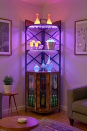 Living and Home 5-Tier Corner Bar Cabinet with Built-in Power Outlet and LED Lights in Dark Brown - thumbnail 3