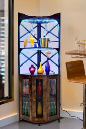 Living and Home 5-Tier Corner Bar Cabinet with Built-in Power Outlet and LED Lights in Dark Brown - thumbnail 4
