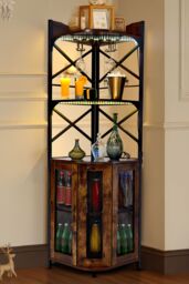Living and Home 5-Tier Corner Bar Cabinet with Built-in Power Outlet and LED Lights in Dark Brown - thumbnail 1