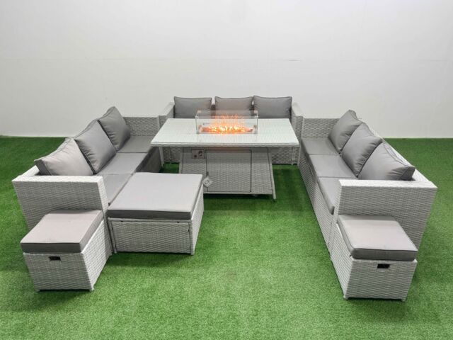 Fimous PE Rattan Sofa Set Outdoor Garden Furniture Set with 3 Stools Grey in Light Grey - image 1