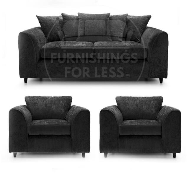Furnishings For Less UK Monaco Chenille Fabric 3 Piece Sofa Suite - 3 Seater & 2 Armchairs in Black - image 1