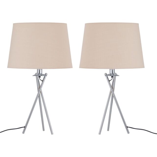 First Choice Lighting Set of 2 Tripod Table Lamps with Natural Cotton Fabric Shades in Silver - image 1
