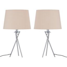 First Choice Lighting Set of 2 Tripod Table Lamps with Natural Cotton Fabric Shades in Silver