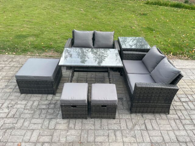 Fimous 7 Seater Garden Dining Set Wicker PE Rattan Outdoor Furniture Sofa with Rectangular Dining Table Double Seat Sofa 3 Footstools Side Table - image 1