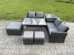 Fimous 7 Seater Garden Dining Set Wicker PE Rattan Outdoor Furniture Sofa with Rectangular Dining Table Double Seat Sofa 3 Footstools Side Table - thumbnail 1