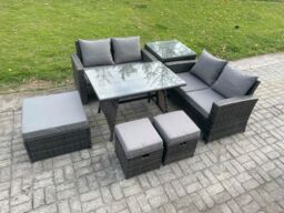 Fimous 7 Seater Garden Dining Set Wicker PE Rattan Outdoor Furniture Sofa with Rectangular Dining Table Double Seat Sofa 3 Footstools Side Table - thumbnail 2