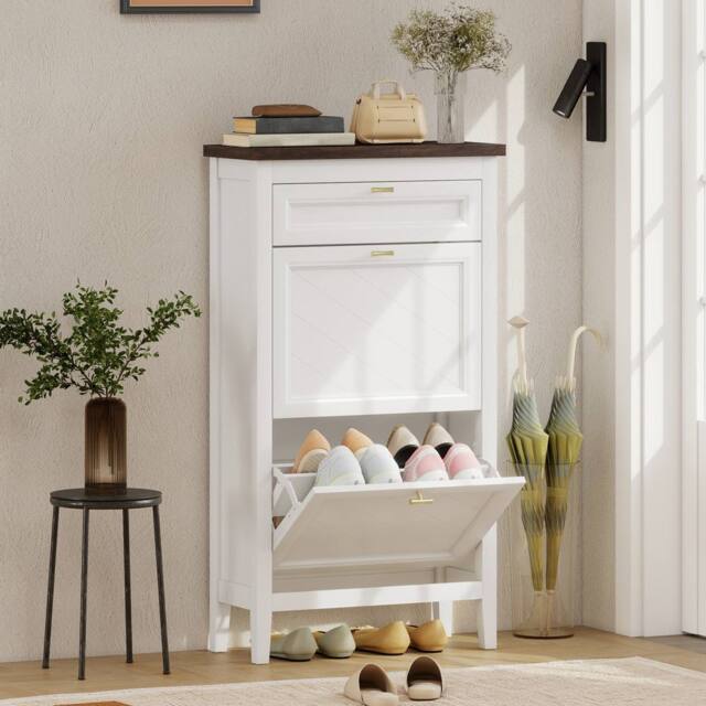 HOMCOM Shoe Cabinet with 2 Flip Drawers, Narrow Shoe Storage Cabinet, White - image 1