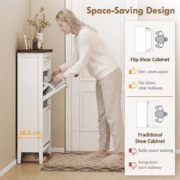 HOMCOM Shoe Cabinet with 2 Flip Drawers, Narrow Shoe Storage Cabinet, White - thumbnail 4