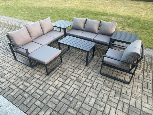 Fimous Aluminium 8 Seater Garden Furniture Outdoor Patio Sofa Set with Rectangular Coffee Table Armchair Big Footstool 2 Side Tables in Dark Grey - image 1