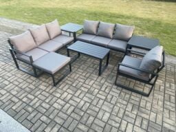 Fimous Aluminium 8 Seater Garden Furniture Outdoor Patio Sofa Set with Rectangular Coffee Table Armchair Big Footstool 2 Side Tables in Dark Grey - thumbnail 1