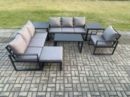 Fimous Aluminium 8 Seater Garden Furniture Outdoor Patio Sofa Set with Rectangular Coffee Table Armchair Big Footstool 2 Side Tables in Dark Grey - thumbnail 2
