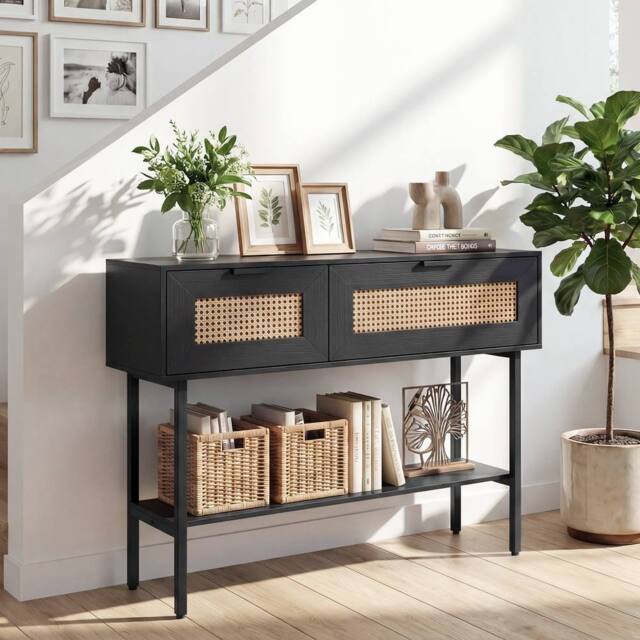 Costway Rattan Console Table Boho Entryway Table w/ Flip Doors & Open Shelf in Black - image 1