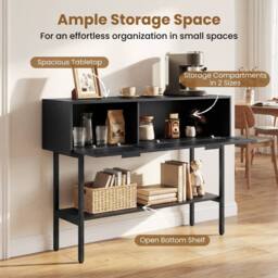 Costway Rattan Console Table Boho Entryway Table w/ Flip Doors & Open Shelf in Black - thumbnail 5