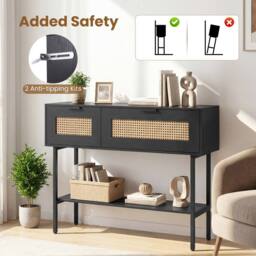 Costway Rattan Console Table Boho Entryway Table w/ Flip Doors & Open Shelf in Black - thumbnail 7