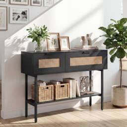 Costway Rattan Console Table Boho Entryway Table w/ Flip Doors & Open Shelf in Black